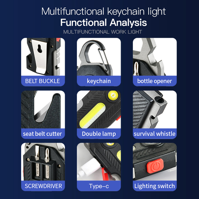 Rechargeable LED Flashlight Keychain with Tools for Camping & Outdoor Use