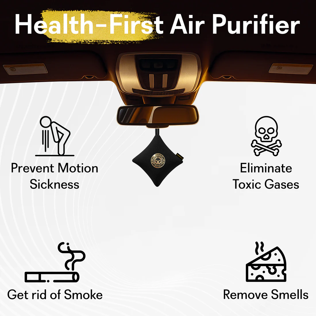 An infographic-style product image for goodair car air purifier. The top shows the text 'Health-First Air Purifier' above a car interior view with a black hanging air purifier centered below the rearview mirror.