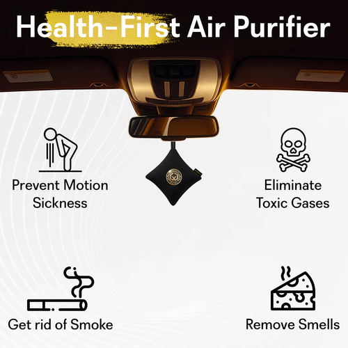 An infographic-style product image for goodair car air purifier. The top shows the text 'Health-First Air Purifier' above a car interior view with a black hanging air purifier centered below the rearview mirror.