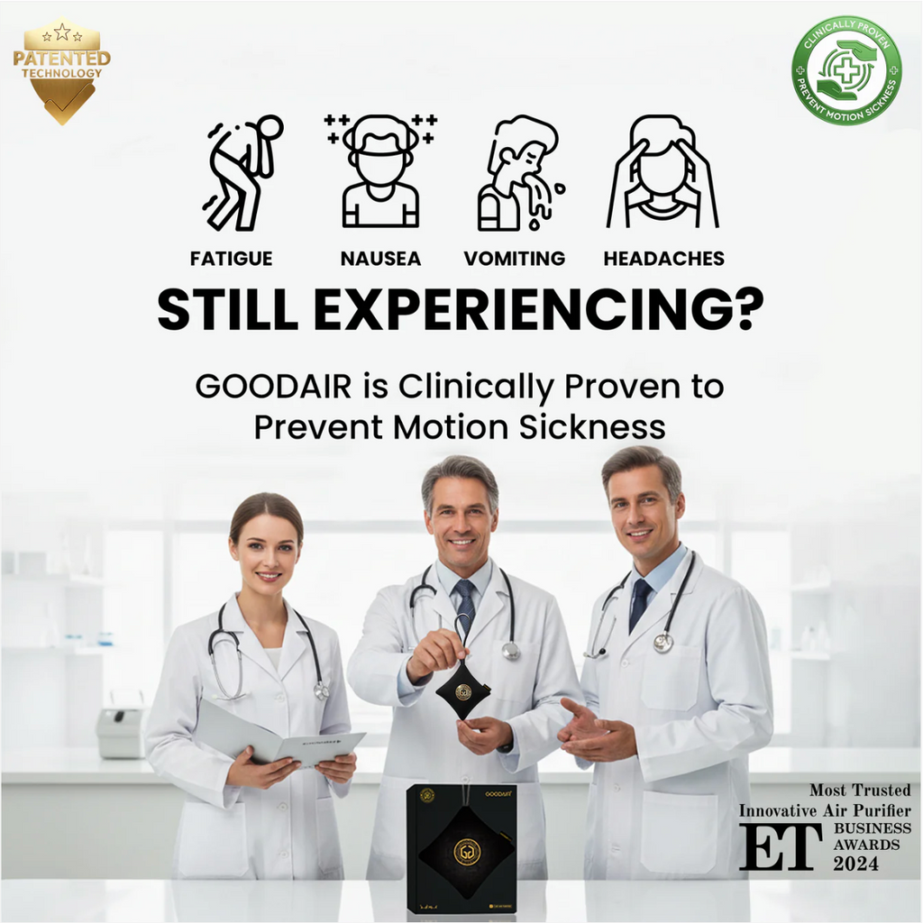 Promotional graphic for Goodair motion sickness prevention, featuring three doctors in white lab coats with stethoscopes, an air purifier box on a counter, and icons for fatigue, nausea, vomiting, and headaches. Text reads 'STILL EXPERIENCING? GOODAIR is Clinically Proven to Prevent Motion Sickness'.