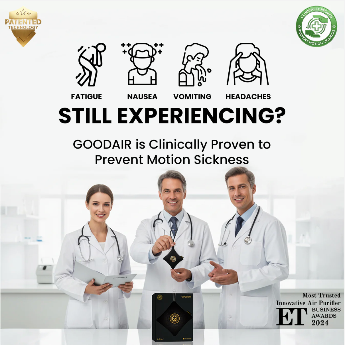 Promotional graphic for Goodair motion sickness prevention, featuring three doctors in white lab coats with stethoscopes, an air purifier box on a counter, and icons for fatigue, nausea, vomiting, and headaches. Text reads 'STILL EXPERIENCING? GOODAIR is Clinically Proven to Prevent Motion Sickness'.